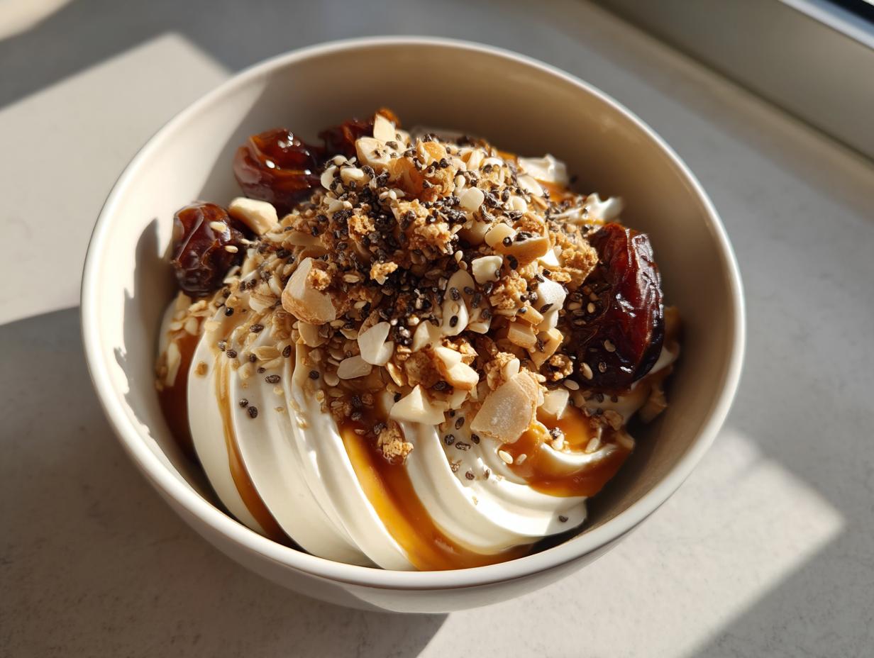 Bowl of high protein yogurt topped with dates, nuts, seeds, and granola for suhoor.