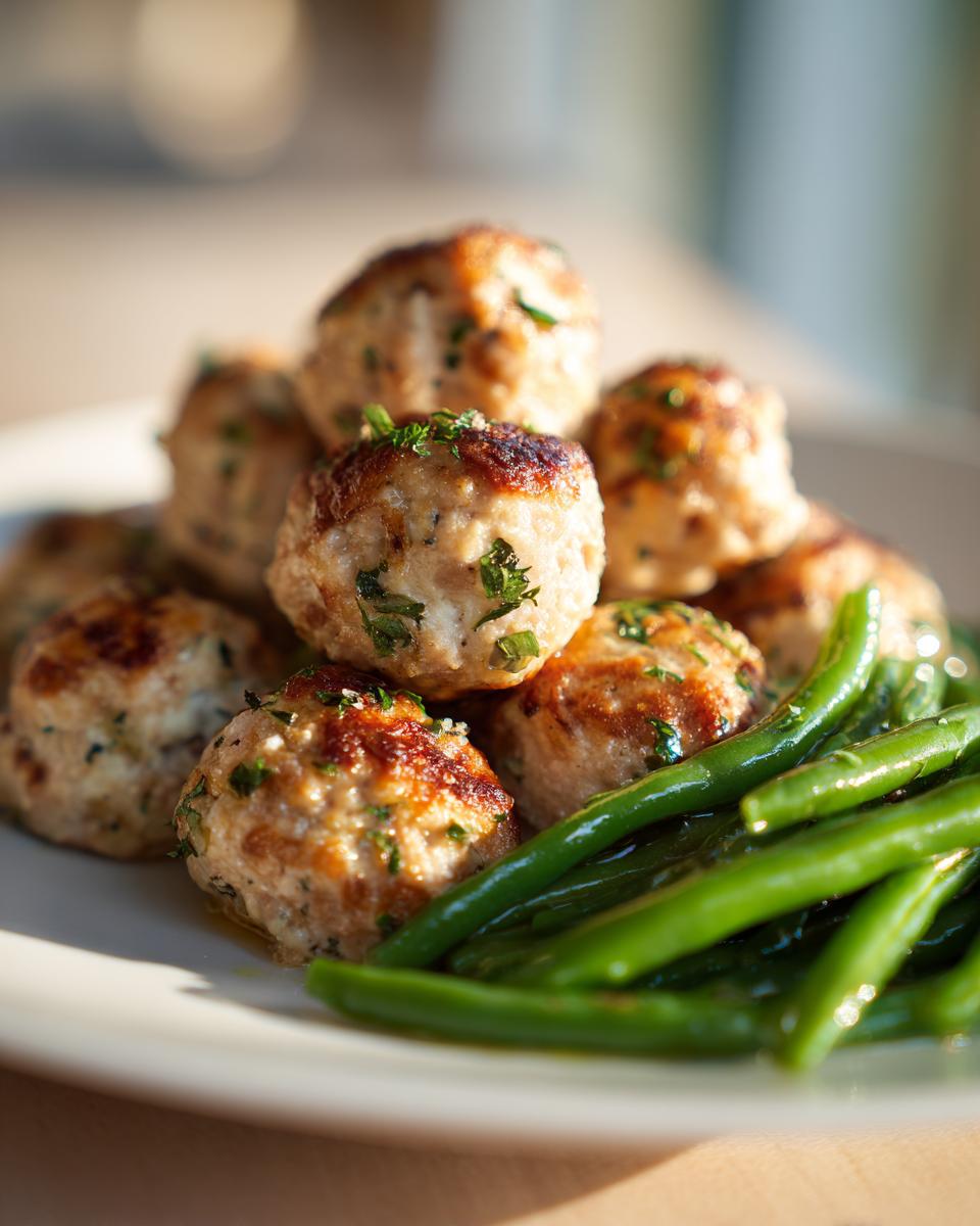 Close-up of lemon herb turkey meatballs garnished with herbs served with green beans on a white plate.