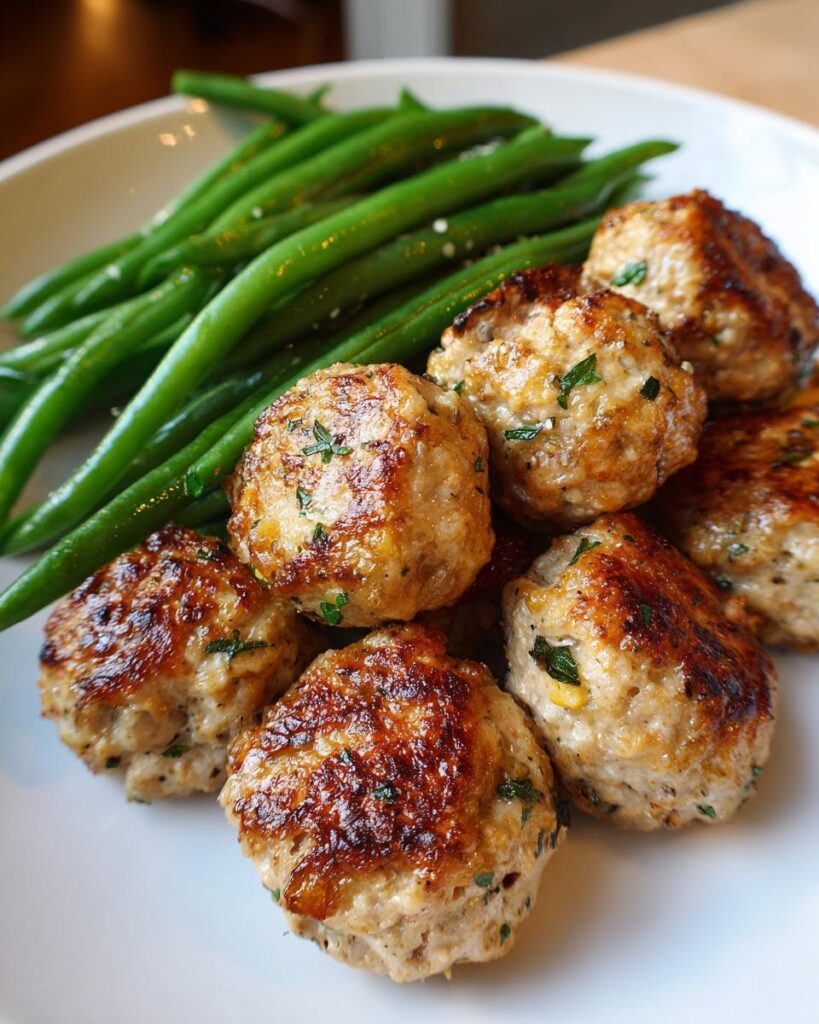 Plate of lemon herb turkey meatballs served with fresh green beans.