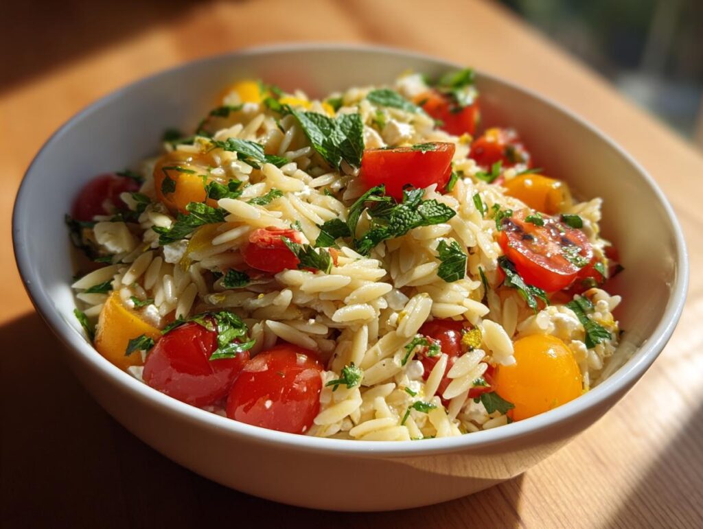 Bowl of lemon orzo salad recipes with cherry tomatoes, fresh herbs, and crumbled cheese.