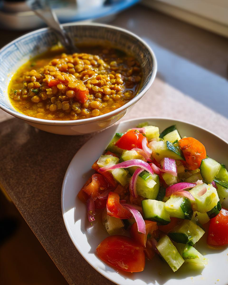 Bowl of lentil soup with a plate of fresh cucumber and tomato salad for ramadan iftar recipes
