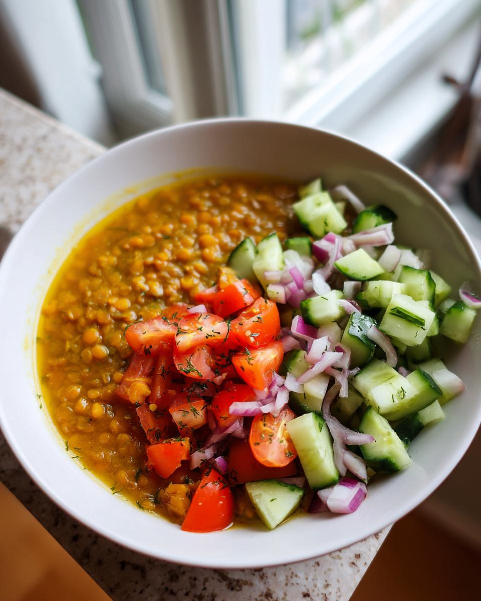 Bowl of lentil soup with chopped cucumber, tomato, and red onion salad for ramadan iftar recipes