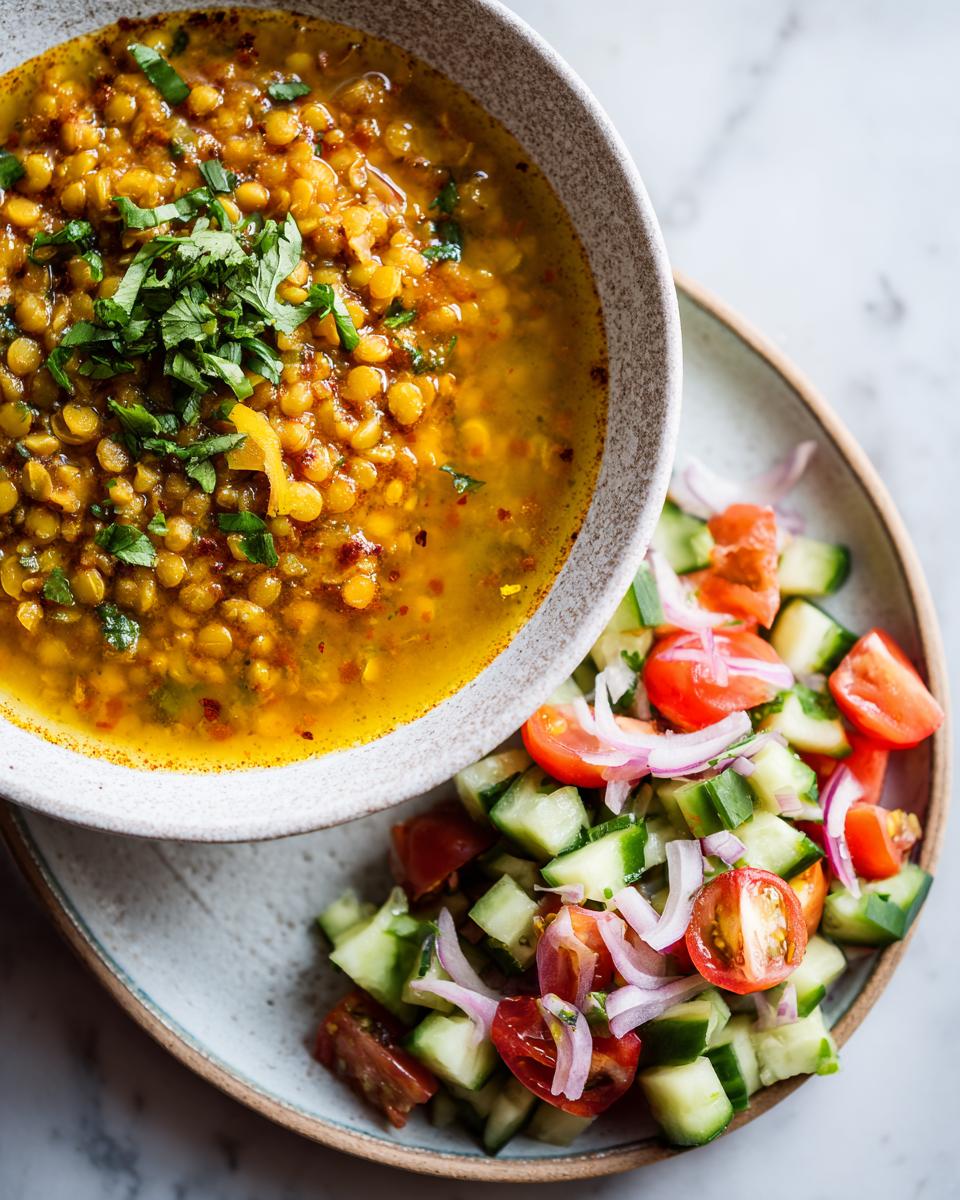 Bowl of lentil soup garnished with herbs served with fresh cucumber tomato salad for ramadan iftar recipes