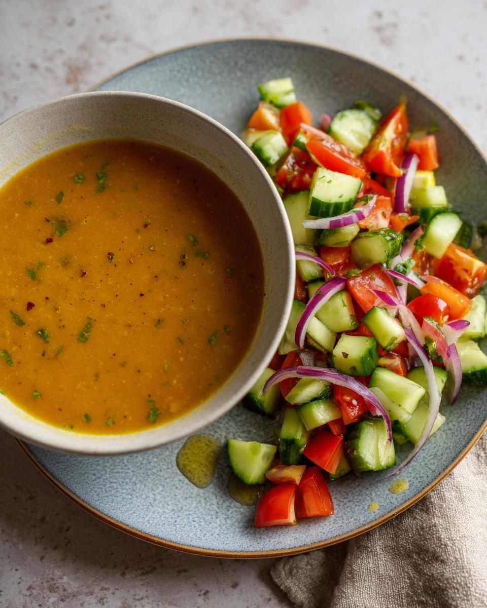 Bowl of lentil soup with fresh cucumber, tomato, and onion salad on a plate for ramadan iftar recipes