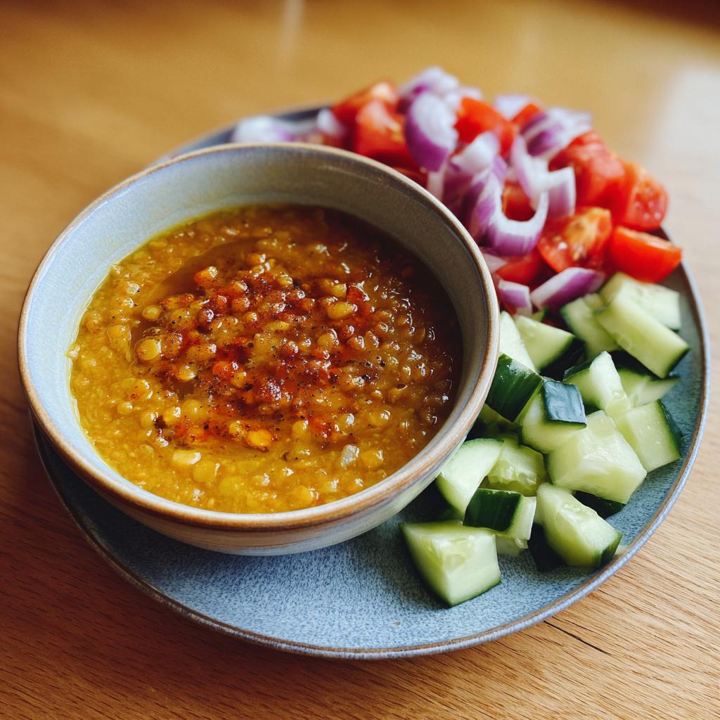 Bowl of lentil soup with spices served alongside chopped cucumber, tomato, and red onion on a plate.
