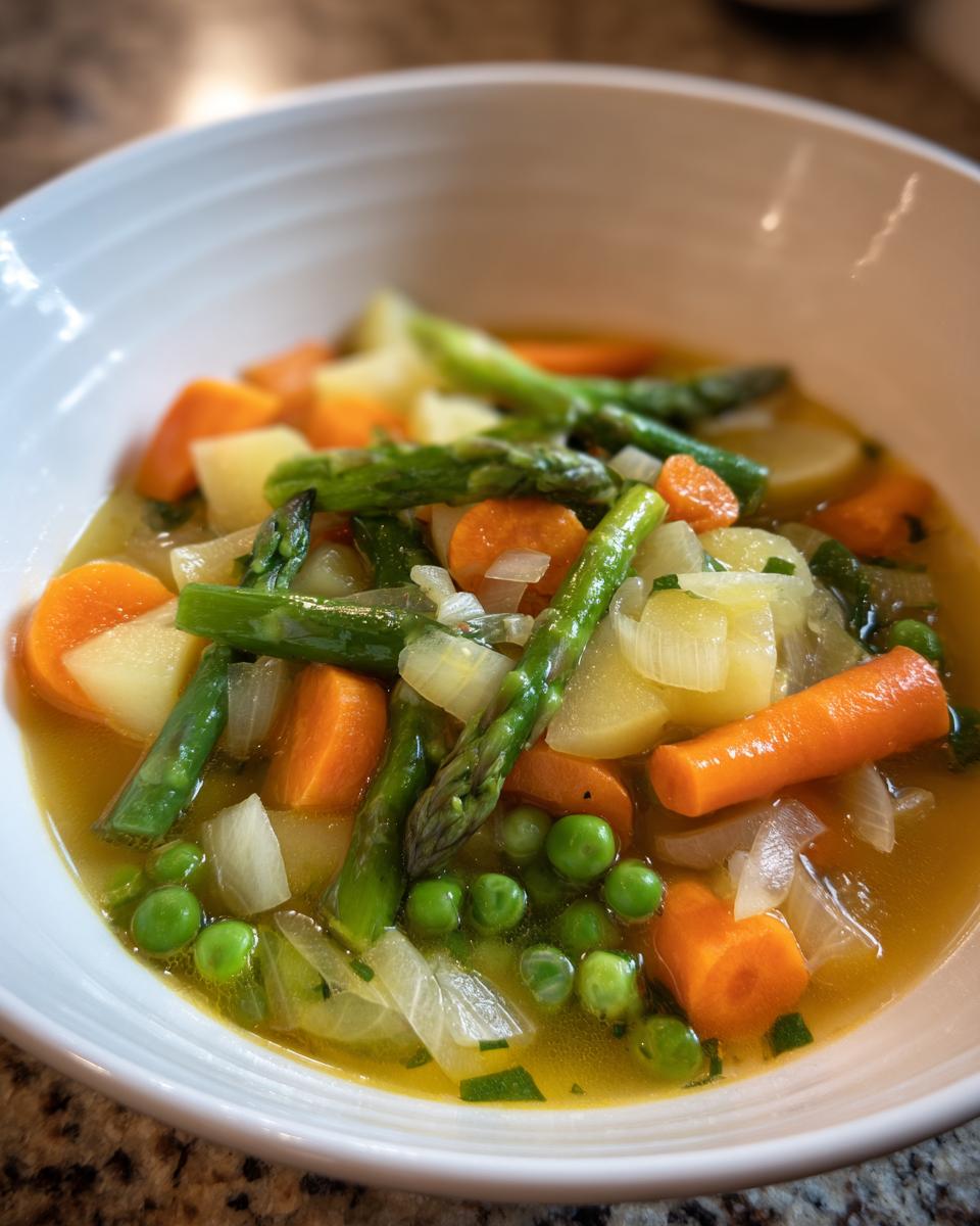 Bowl of light spring soup ideas light with asparagus, carrots, peas, potatoes, and onions.