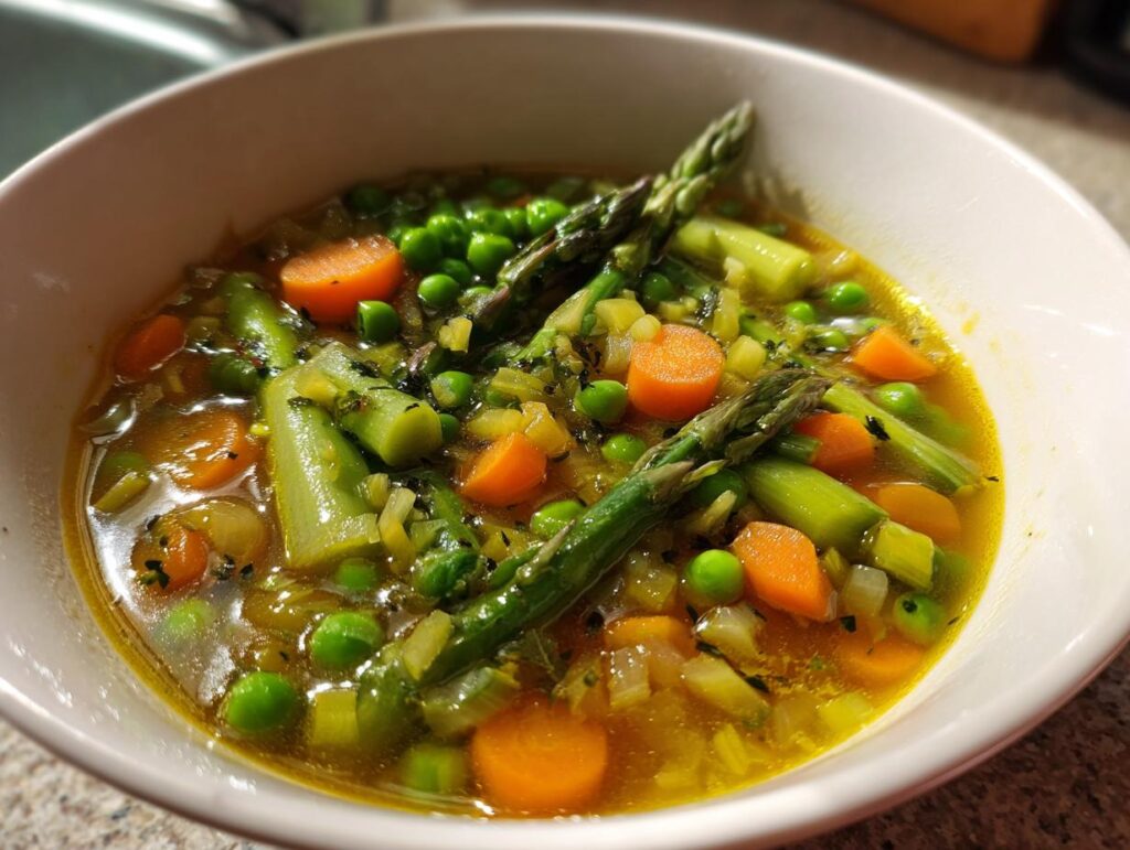 Bowl of light spring soup ideas light with asparagus, peas, carrots, and broth.