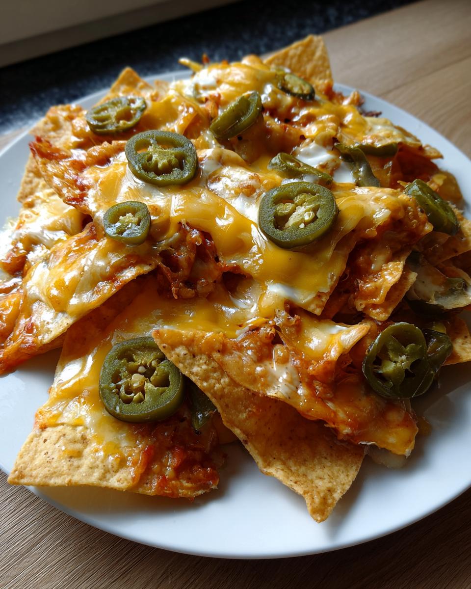 Plate of loaded nachos topped with melted cheese and sliced jalapenos, perfect spring break party food.