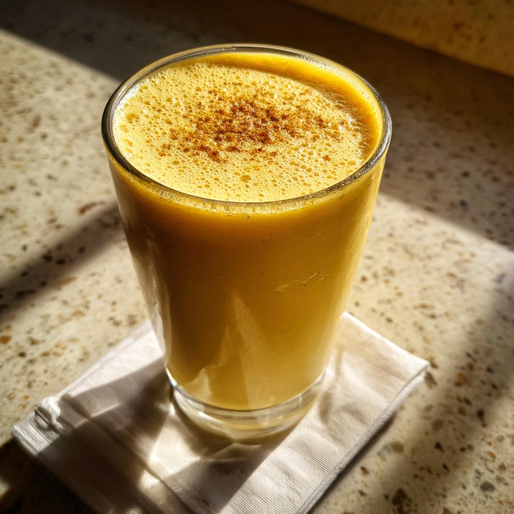 Glass of frothy mango lassi smoothie for iftar topped with ground spice on a napkin.