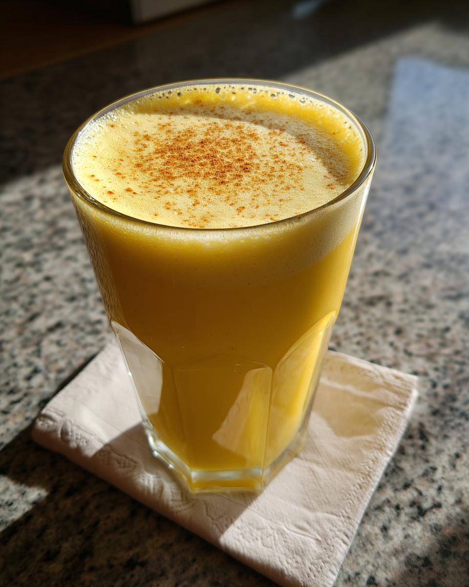 Glass of frothy mango lassi smoothie for iftar with a sprinkle of spice on top