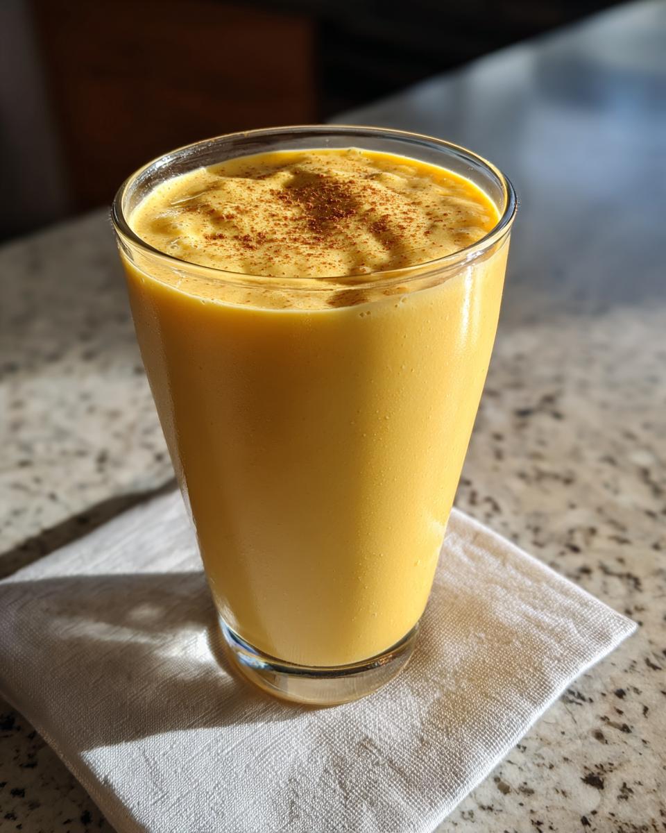 Glass filled with creamy mango lassi smoothie for iftar topped with a sprinkle of spice.