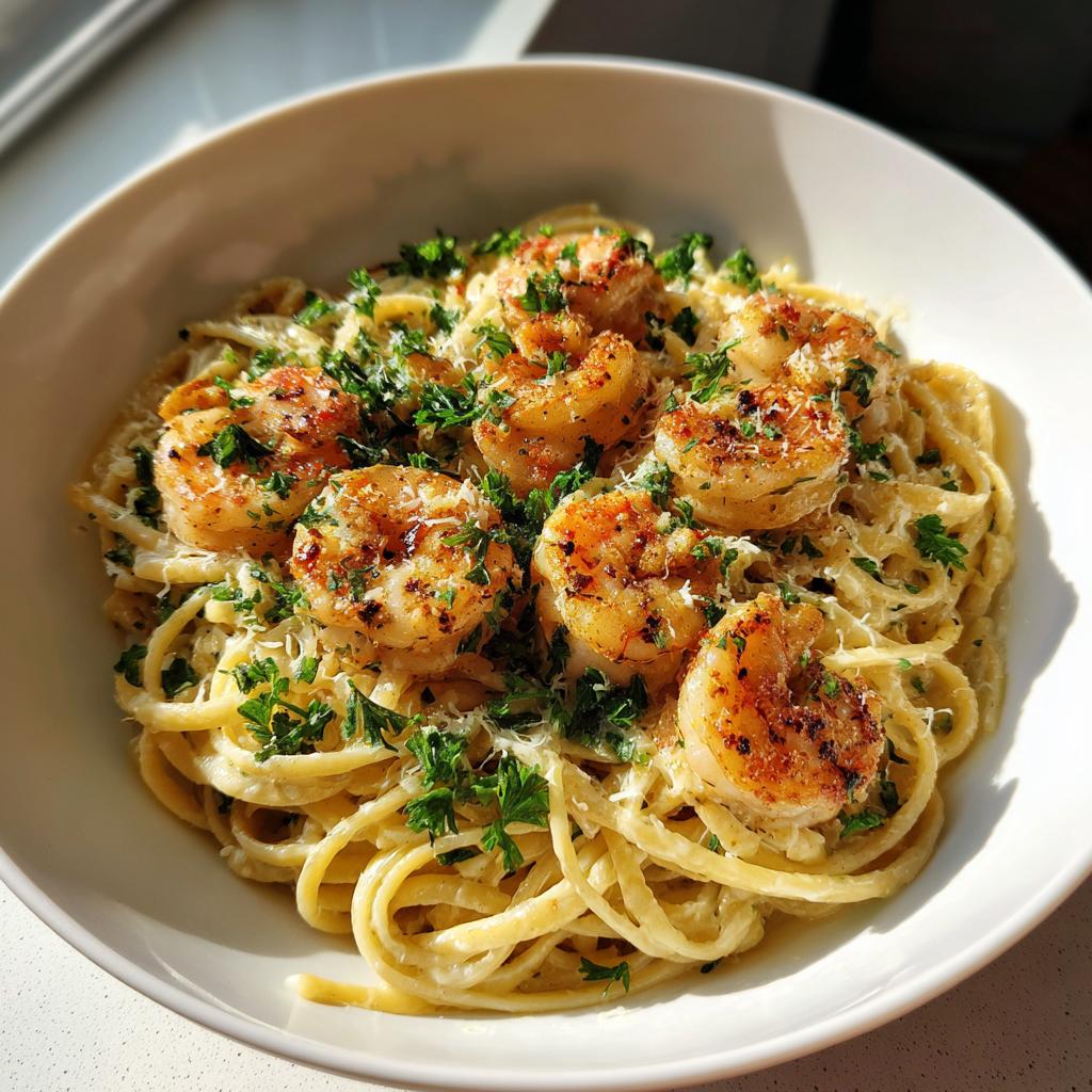 Close-up of Mardi Gras Cajun shrimp pasta dinner with seasoned shrimp and parsley on creamy pasta.