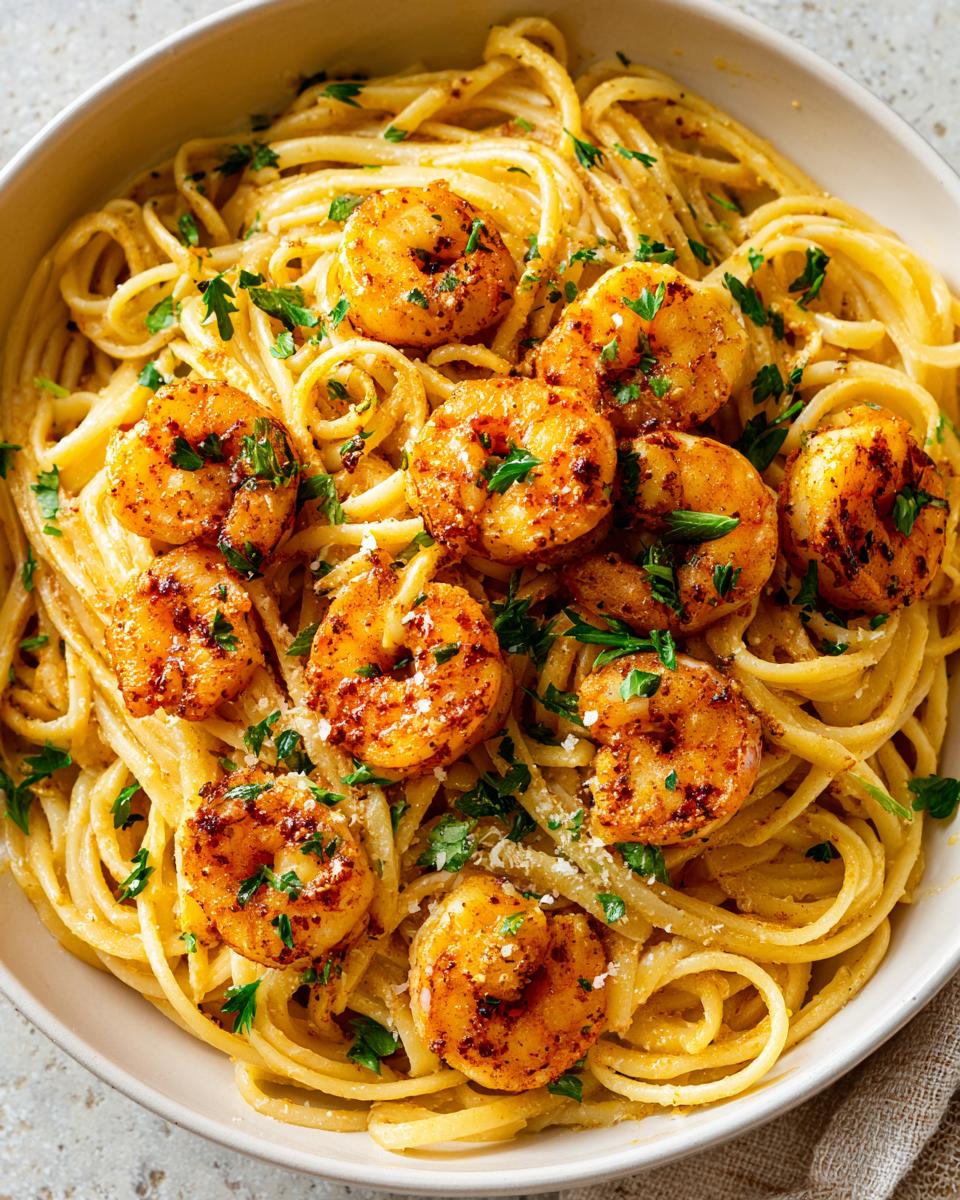Close-up of spicy Cajun shrimp on creamy pasta garnished with parsley for Mardi Gras Cajun shrimp pasta dinner