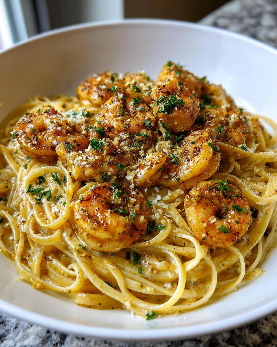 Close-up of creamy Mardi Gras cajun shrimp pasta dinner with seasoned shrimp and parsley garnish.