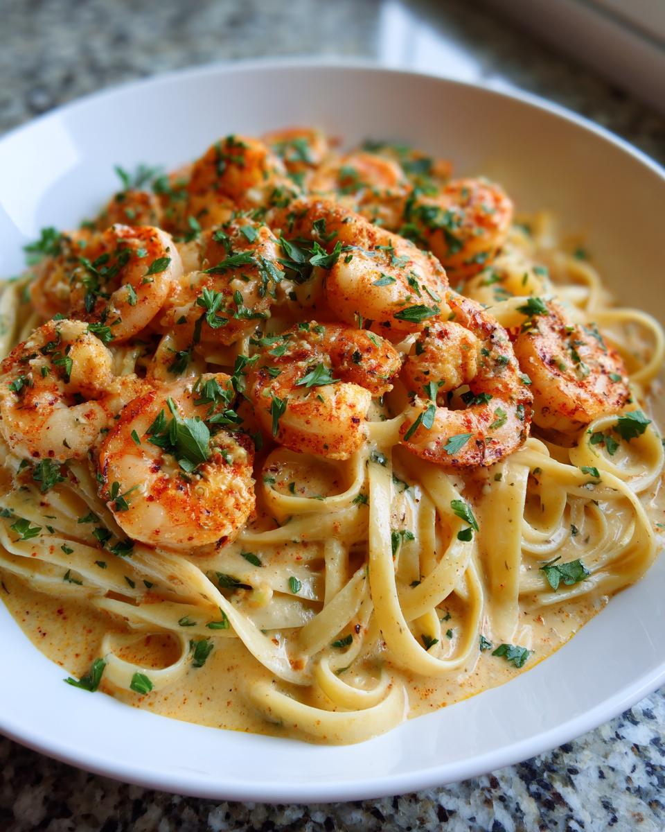 Close-up of creamy Mardi Gras Cajun shrimp pasta dinner garnished with parsley in a white bowl.