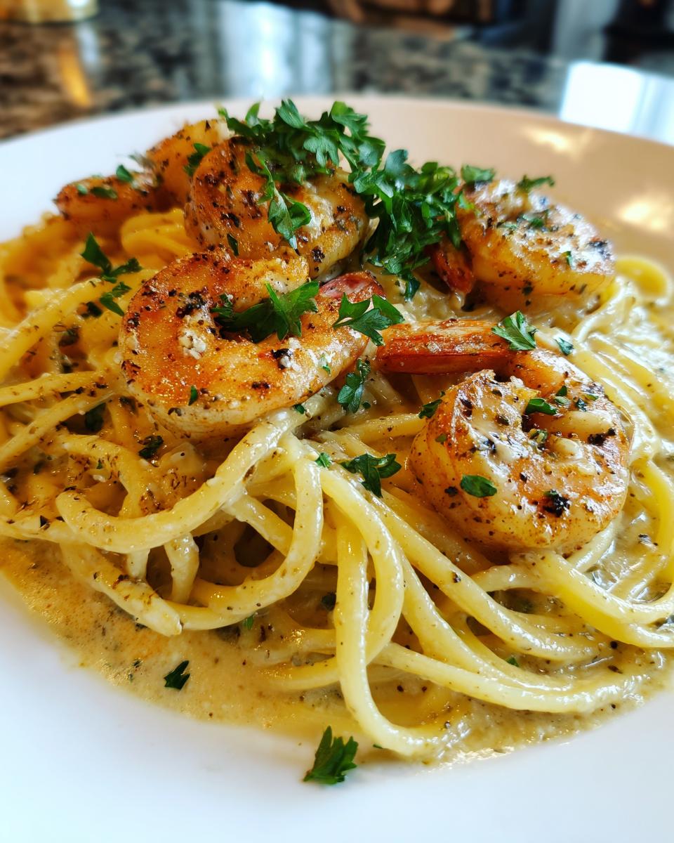 Close-up of Mardi Gras cajun shrimp pasta dinner with creamy sauce and fresh parsley garnish.