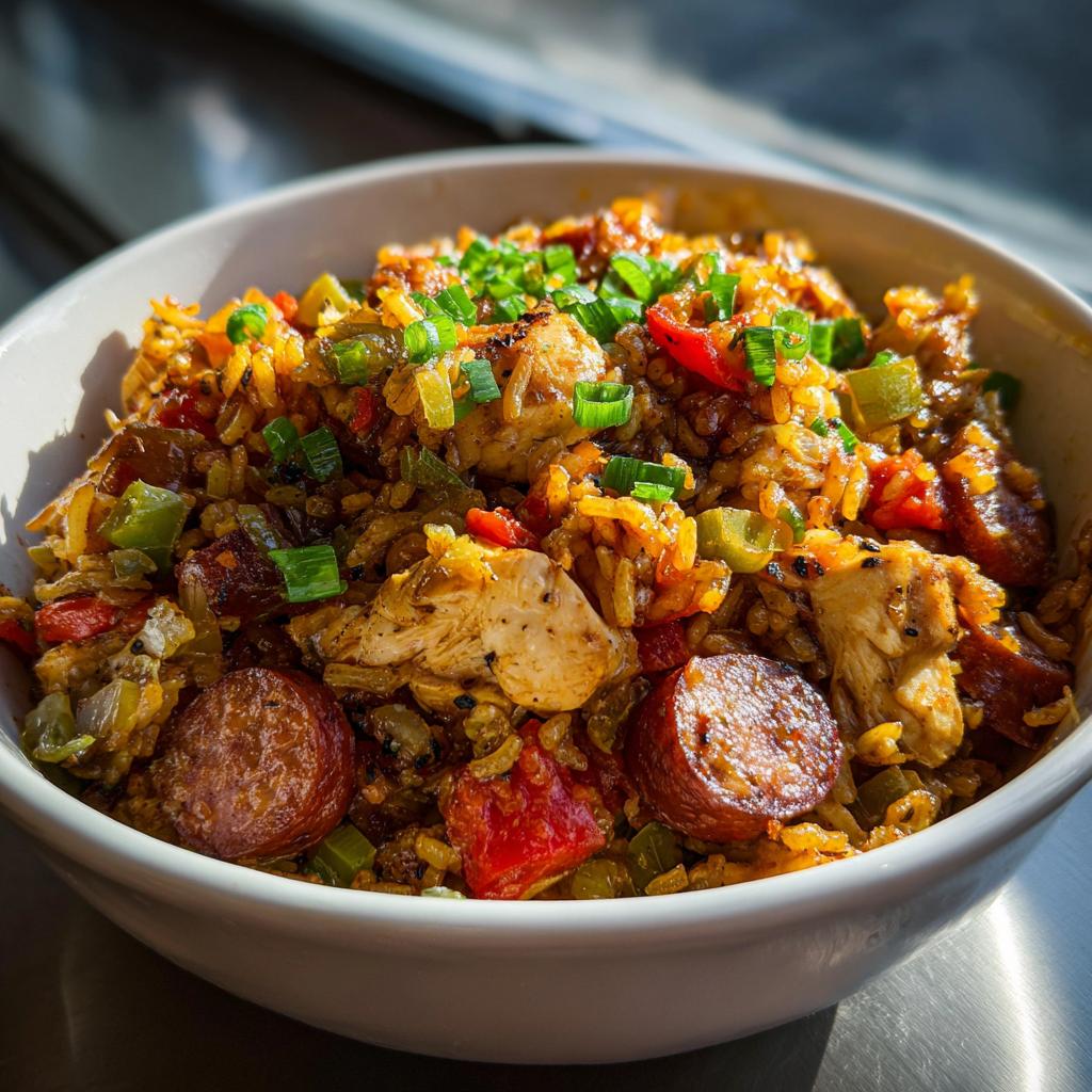 Bowl of Mardi Gras jambalaya with chicken, sausage, rice, and green onions.