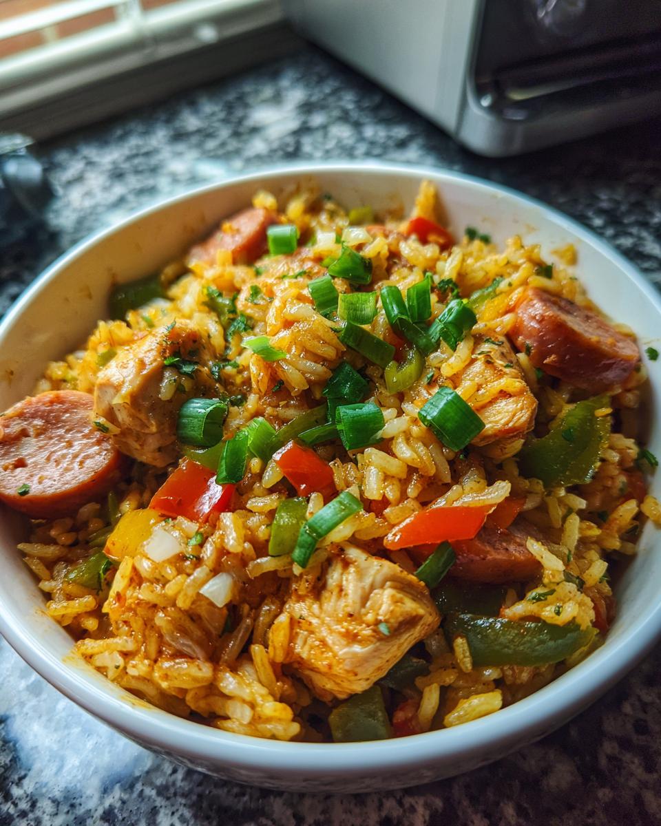 Close-up of a bowl filled with mardi gras jambalaya with chicken and sausage garnished with green onions
