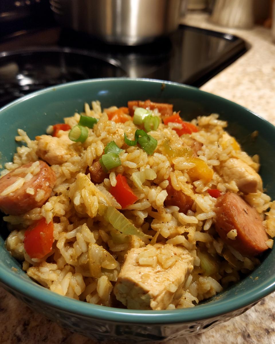 Bowl of Mardi Gras jambalaya with chicken, sausage, rice, and vegetables garnished with green onions