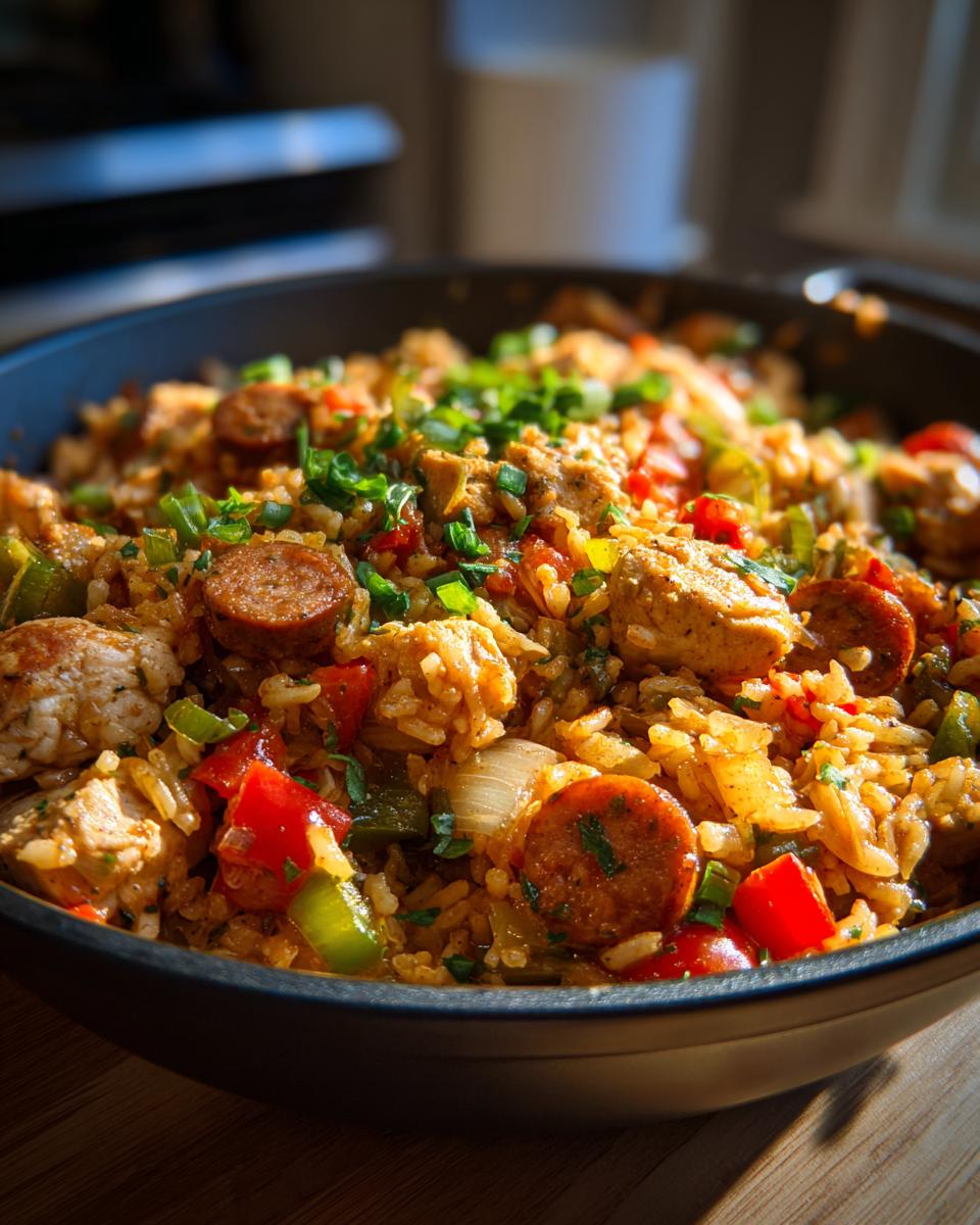 Close-up of Mardi Gras jambalaya with chicken, sausage, rice, and colorful vegetables in a black skillet.