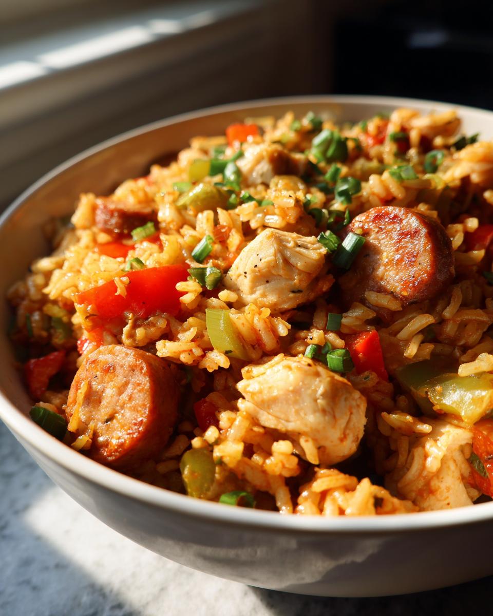 Close-up of Mardi Gras jambalaya with chicken, sausage, rice, and vegetables in a bowl.