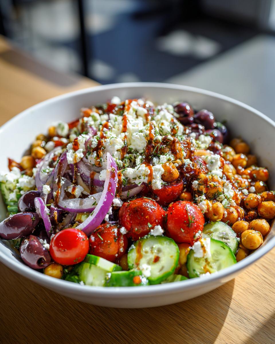Mediterranean chickpea bowl with cherry tomatoes, cucumbers, olives, red onions, feta cheese, and herbs.