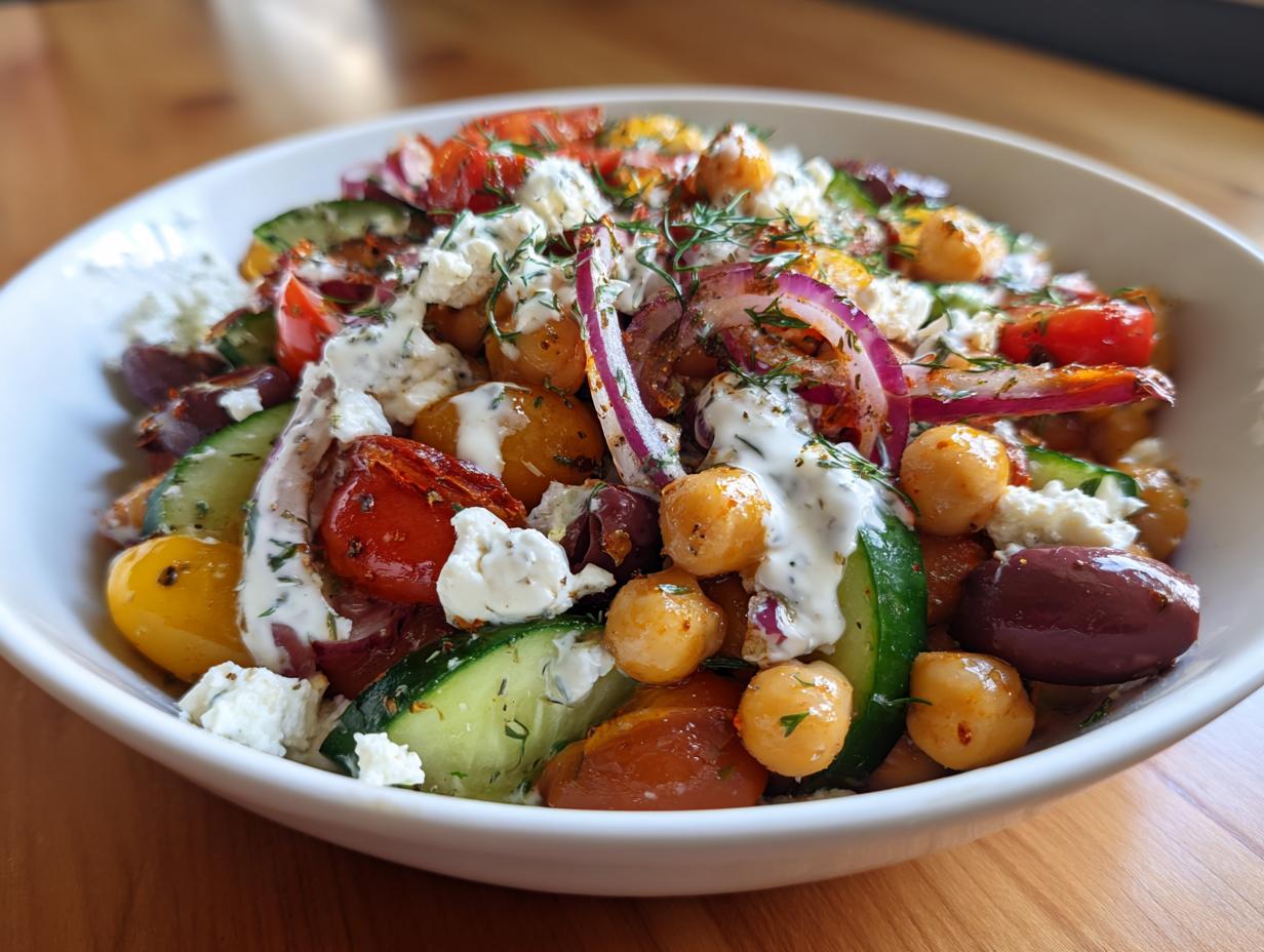 Mediterranean chickpea bowl with cucumbers, cherry tomatoes, red onions, olives, feta, and creamy dressing.