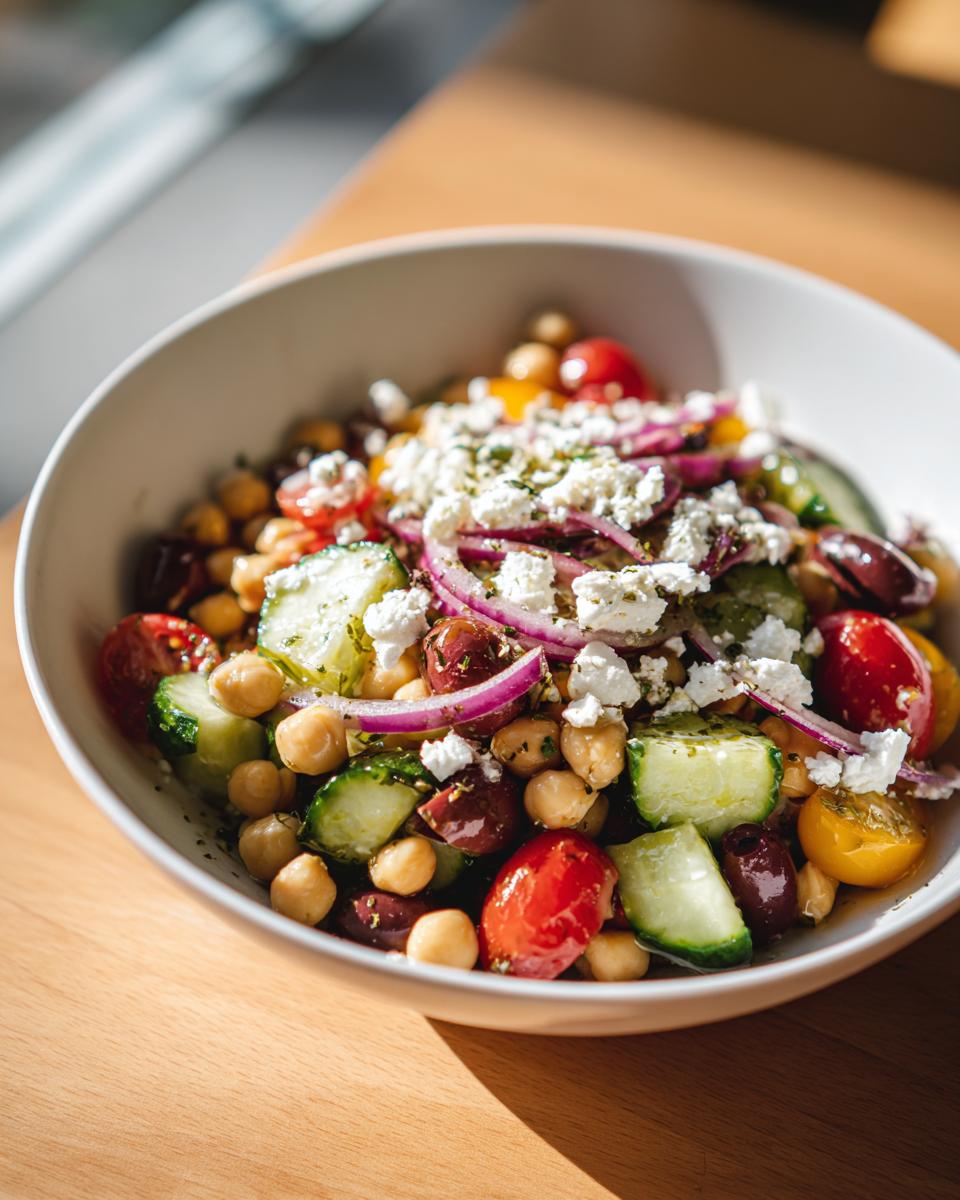 Mediterranean chickpea bowl with cucumbers, cherry tomatoes, red onions, olives, and feta cheese in a white bowl.