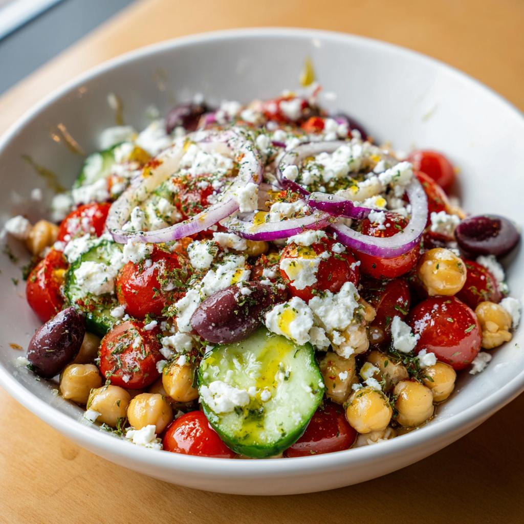 Mediterranean chickpea bowl with cherry tomatoes, cucumbers, olives, red onion, and feta cheese.