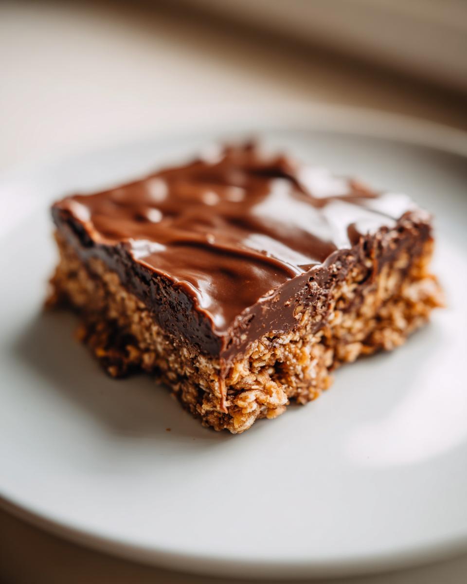 Close-up of a no bake dessert ideas easy chocolate oat bar on a white plate.