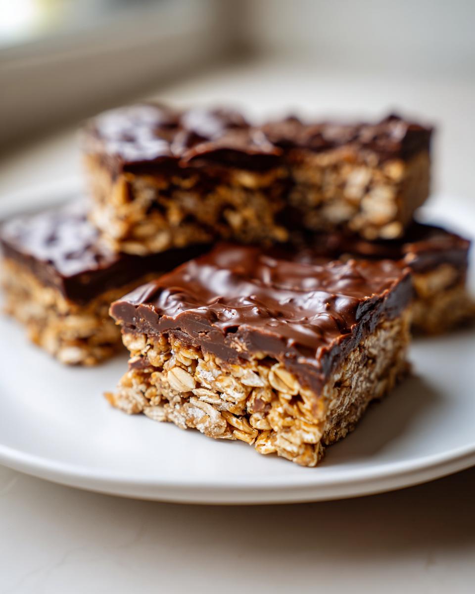 Close-up of no bake dessert ideas easy chocolate oat bars stacked on a white plate.
