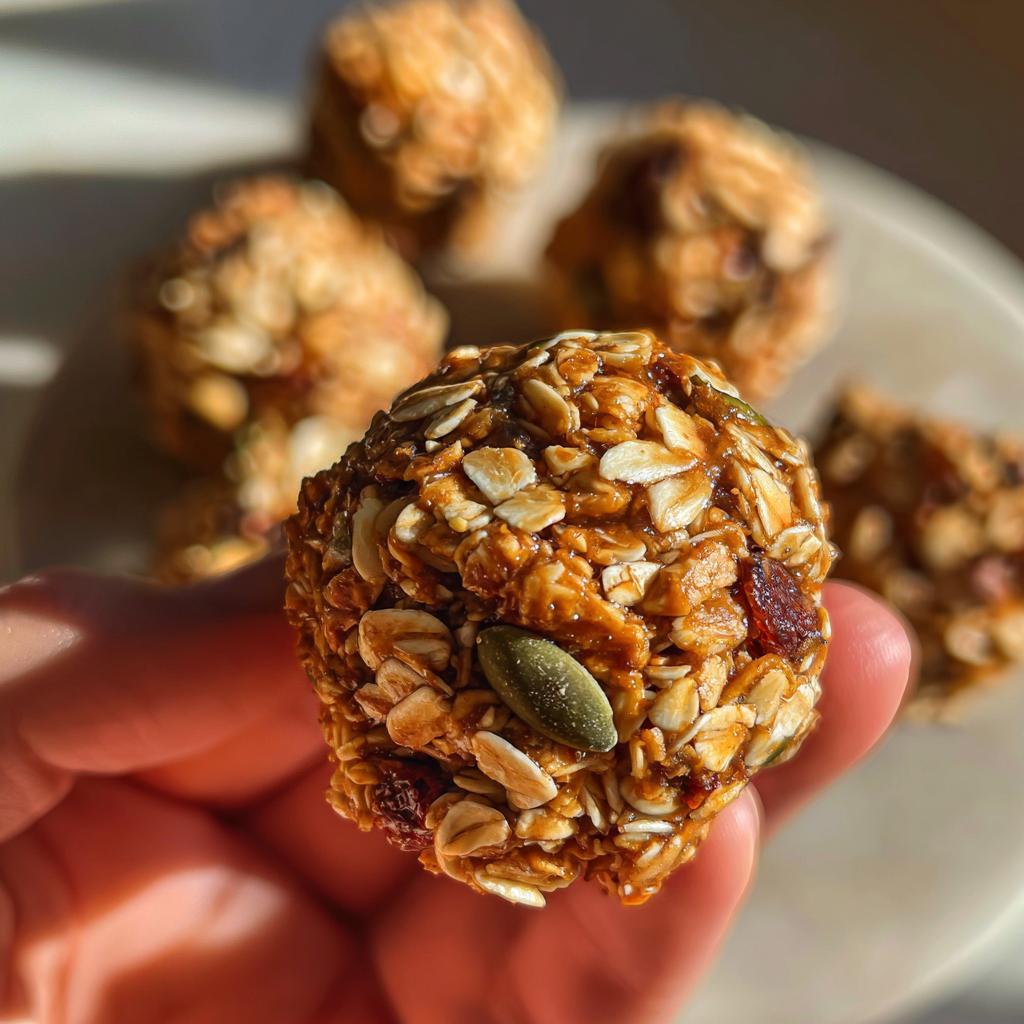 Hand holding a no bake granola bar bite with oats, seeds, and dried fruit close-up