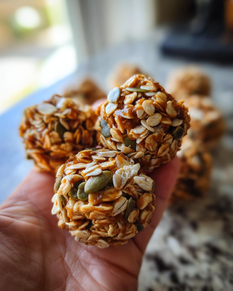 Close-up of hand holding no bake granola bar bites with oats and seeds