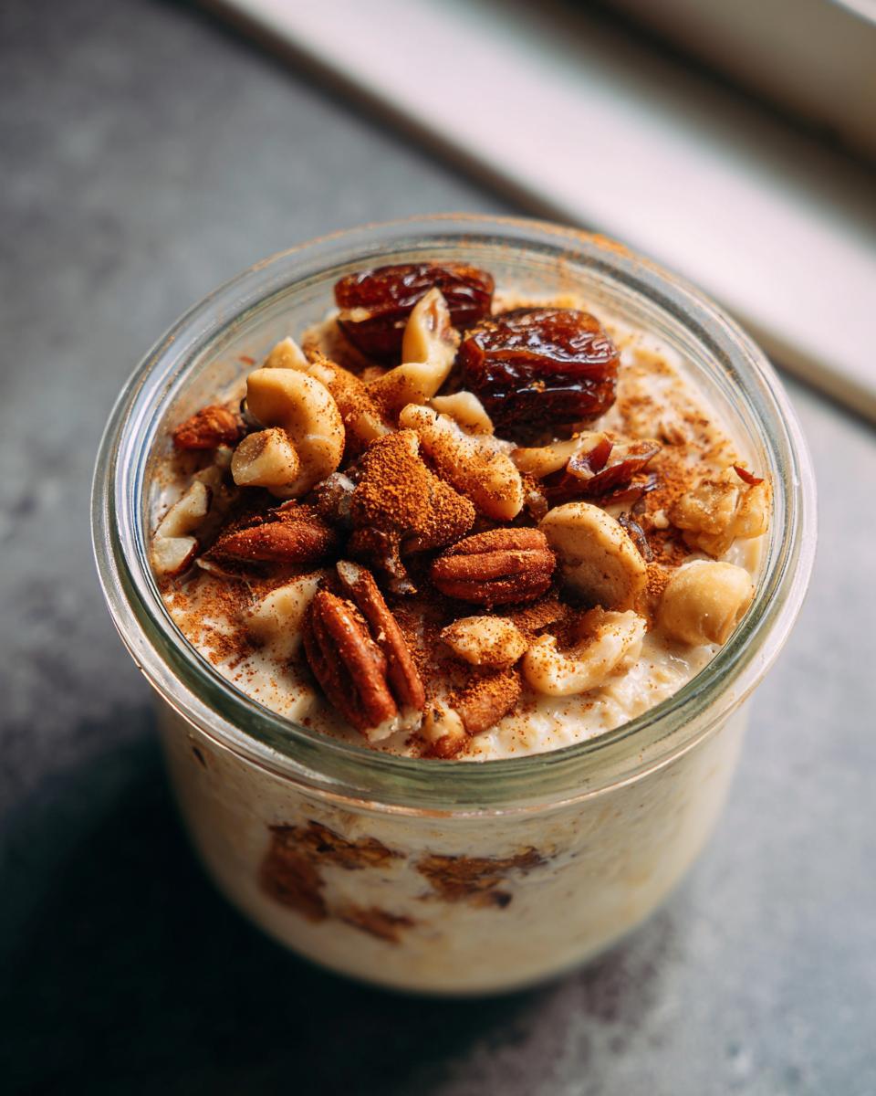 Glass jar filled with overnight oats topped with dates, mixed nuts, and cinnamon powder for suhoor.