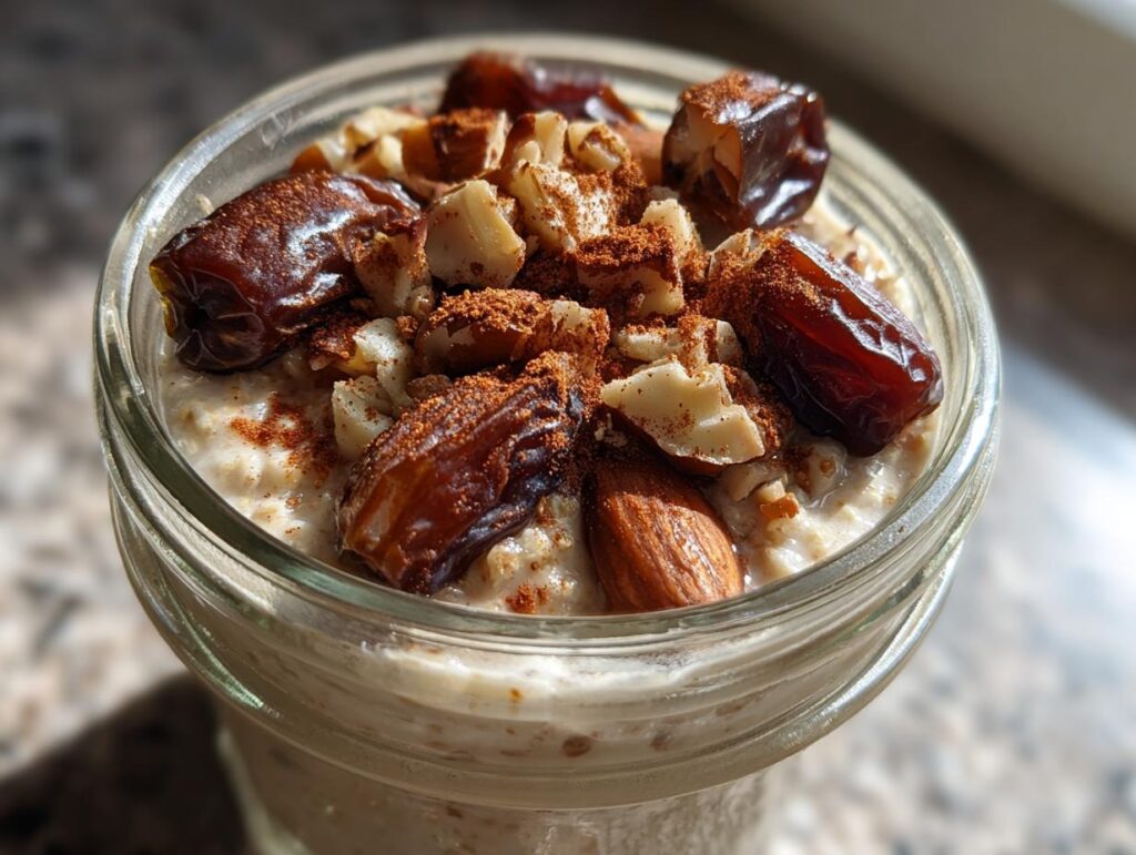 Glass jar filled with overnight oats topped with dates, nuts, and cinnamon powder for suhoor.