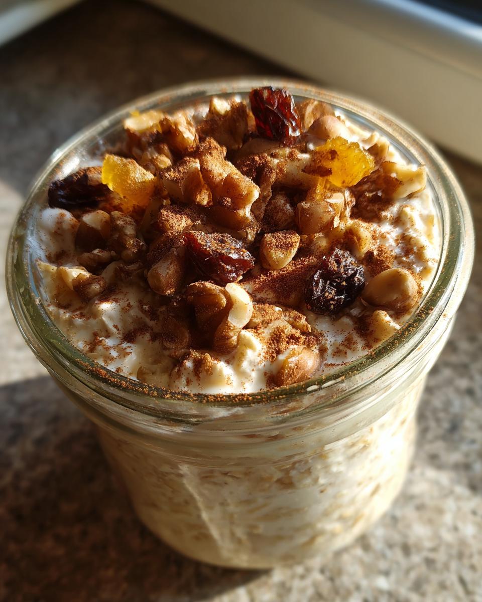 Jar of overnight oats with dates and nuts suhoor topped with cinnamon and dried fruit pieces.