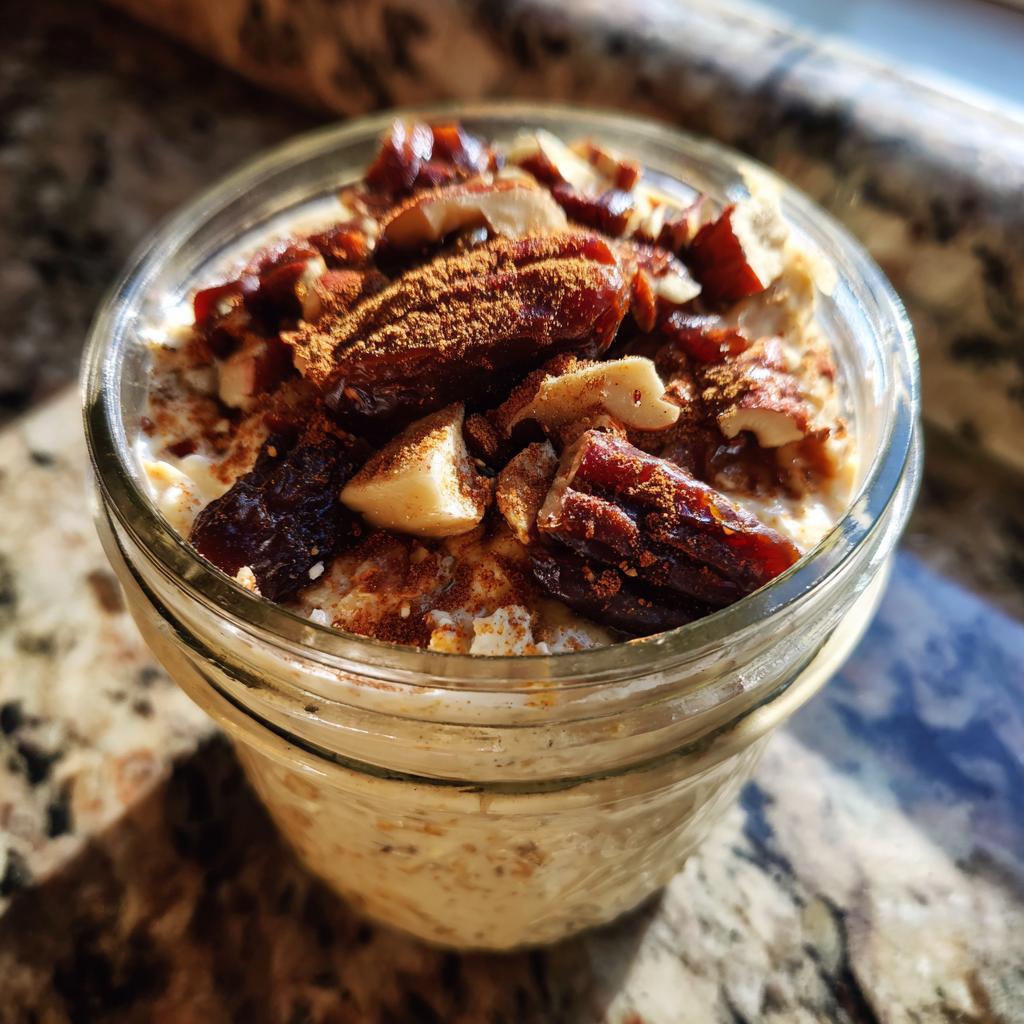 Close-up of overnight oats with dates and nuts suhoor in a glass jar topped with cinnamon