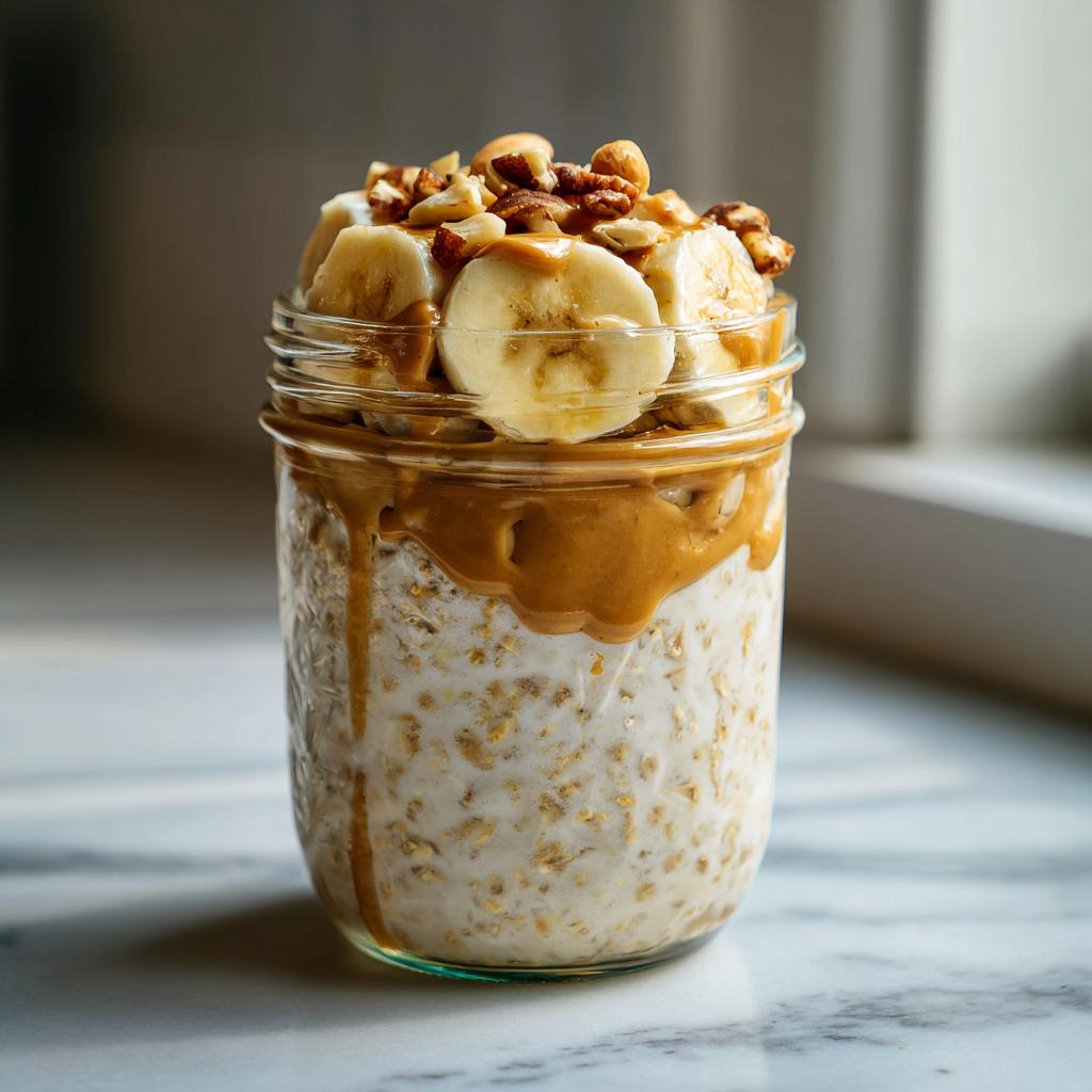 Jar of peanut butter banana overnight oats suhoor topped with banana slices and nuts
