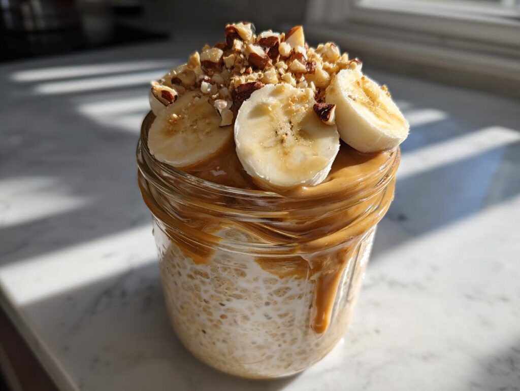 Jar of peanut butter banana overnight oats suhoor topped with banana slices and chopped nuts