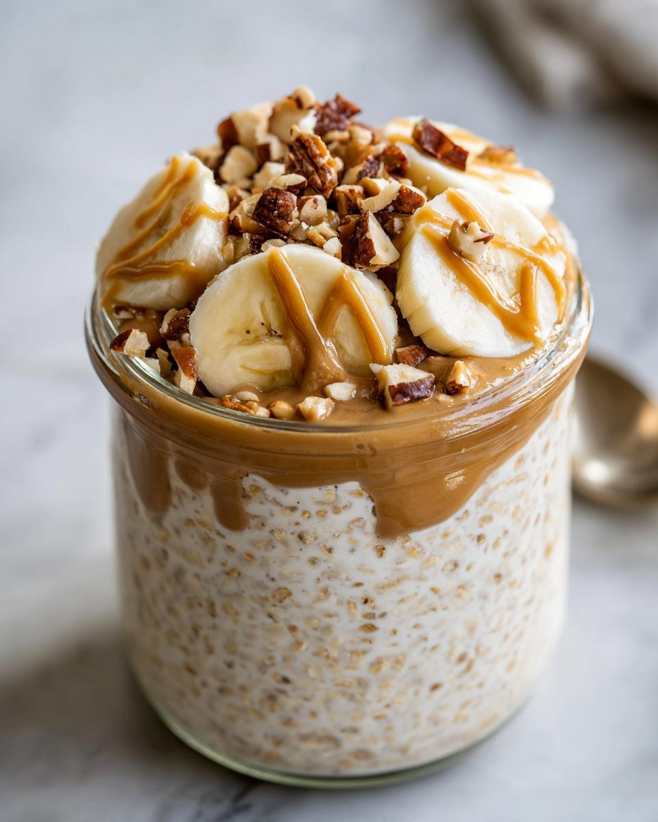 Jar of peanut butter banana overnight oats suhoor topped with banana slices and chopped nuts