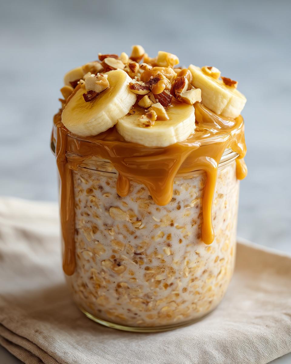 Jar of peanut butter banana overnight oats suhoor topped with banana slices and chopped nuts