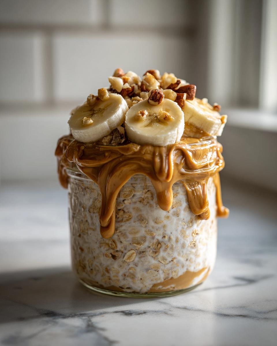 Jar of peanut butter banana overnight oats suhoor topped with banana slices and chopped nuts