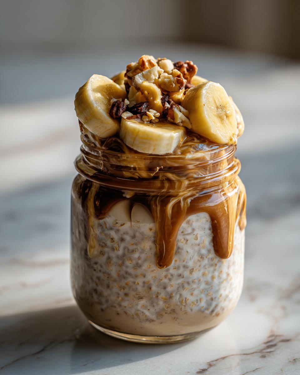 Jar of peanut butter banana overnight oats suhoor topped with banana slices and nuts.