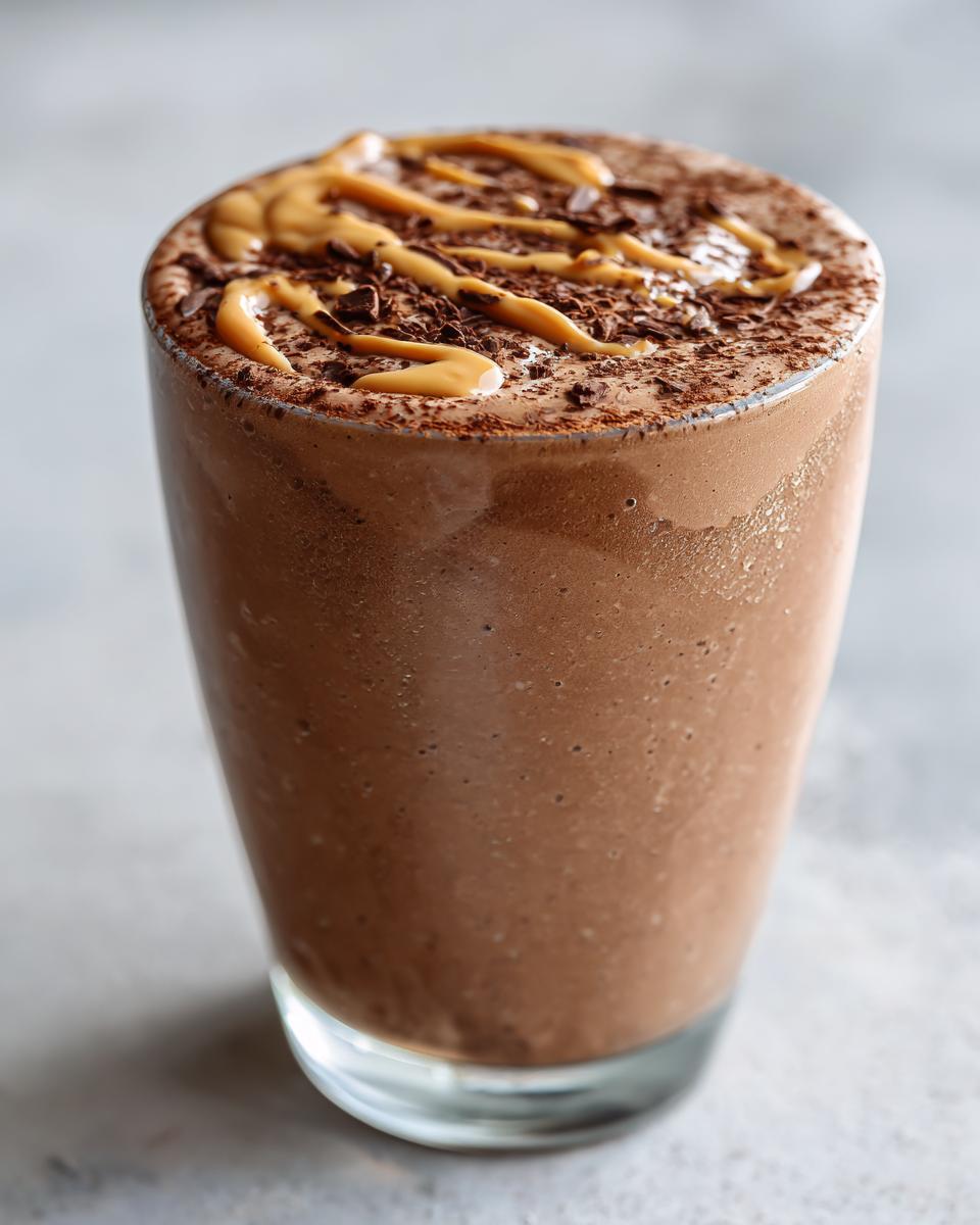 Close-up of a peanut butter chocolate breakfast smoothie topped with peanut butter drizzle and chocolate shavings.