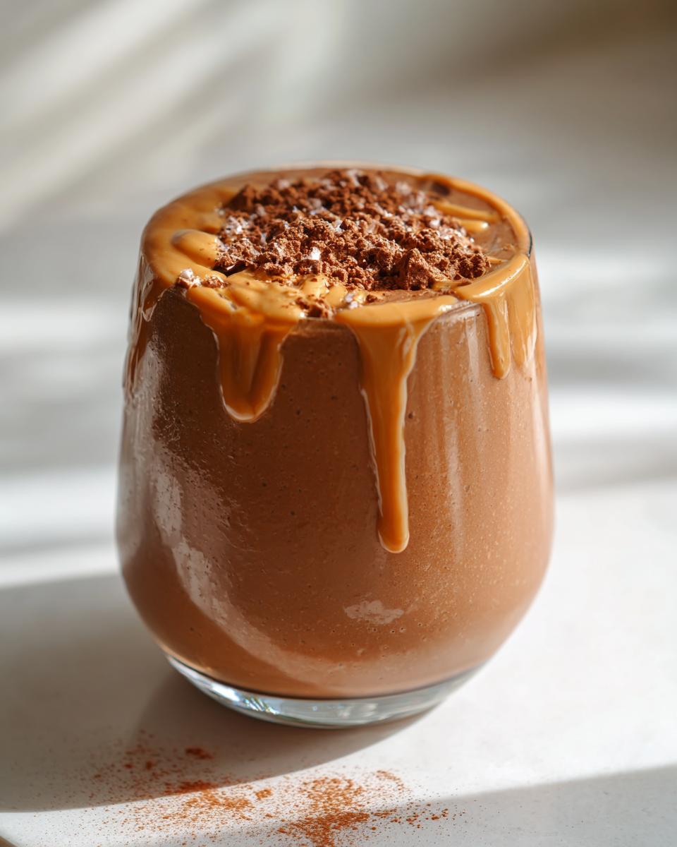 Close-up of peanut butter chocolate breakfast smoothie topped with peanut butter drizzle and cocoa powder
