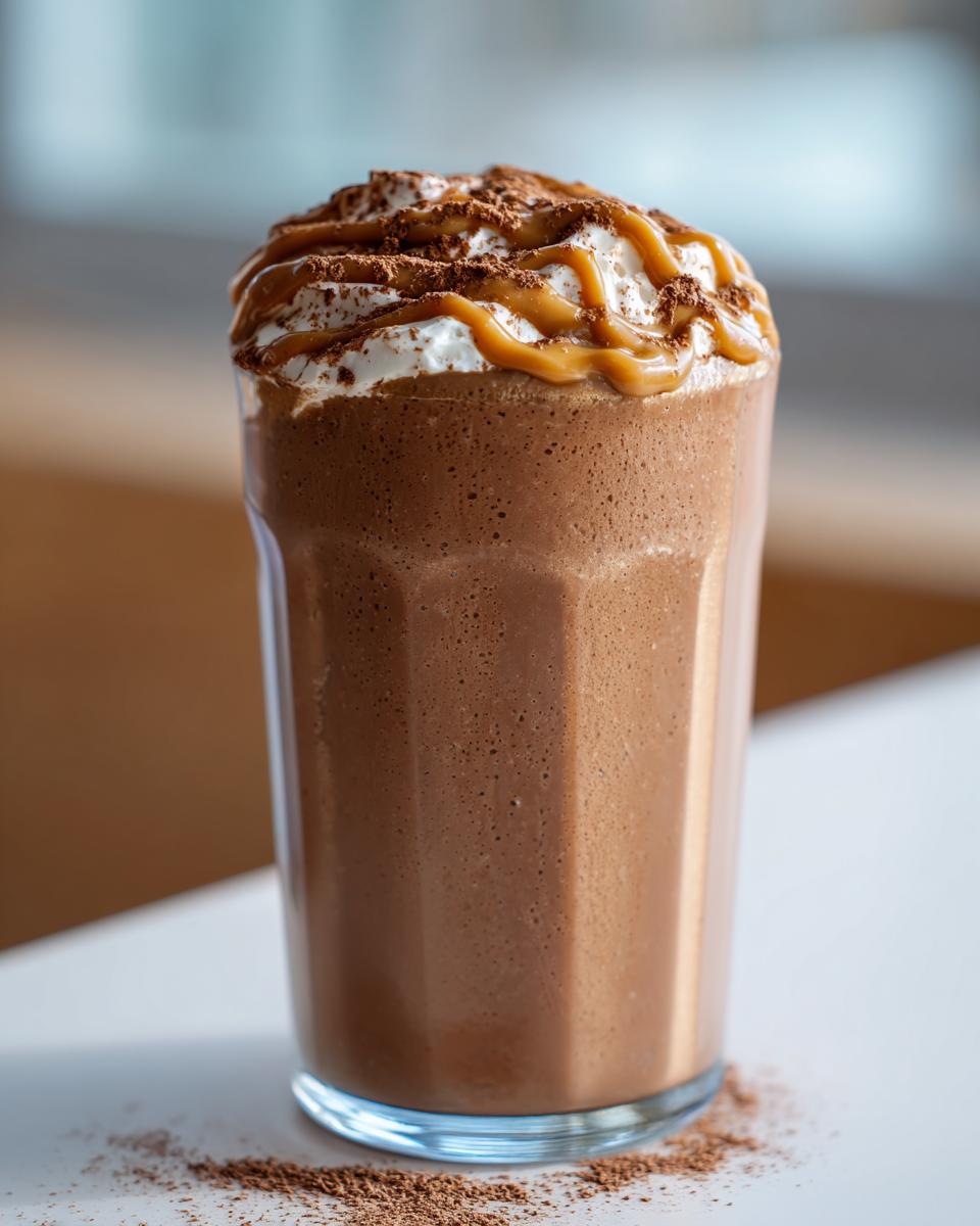 Glass of peanut butter chocolate breakfast smoothie topped with whipped cream and caramel drizzle
