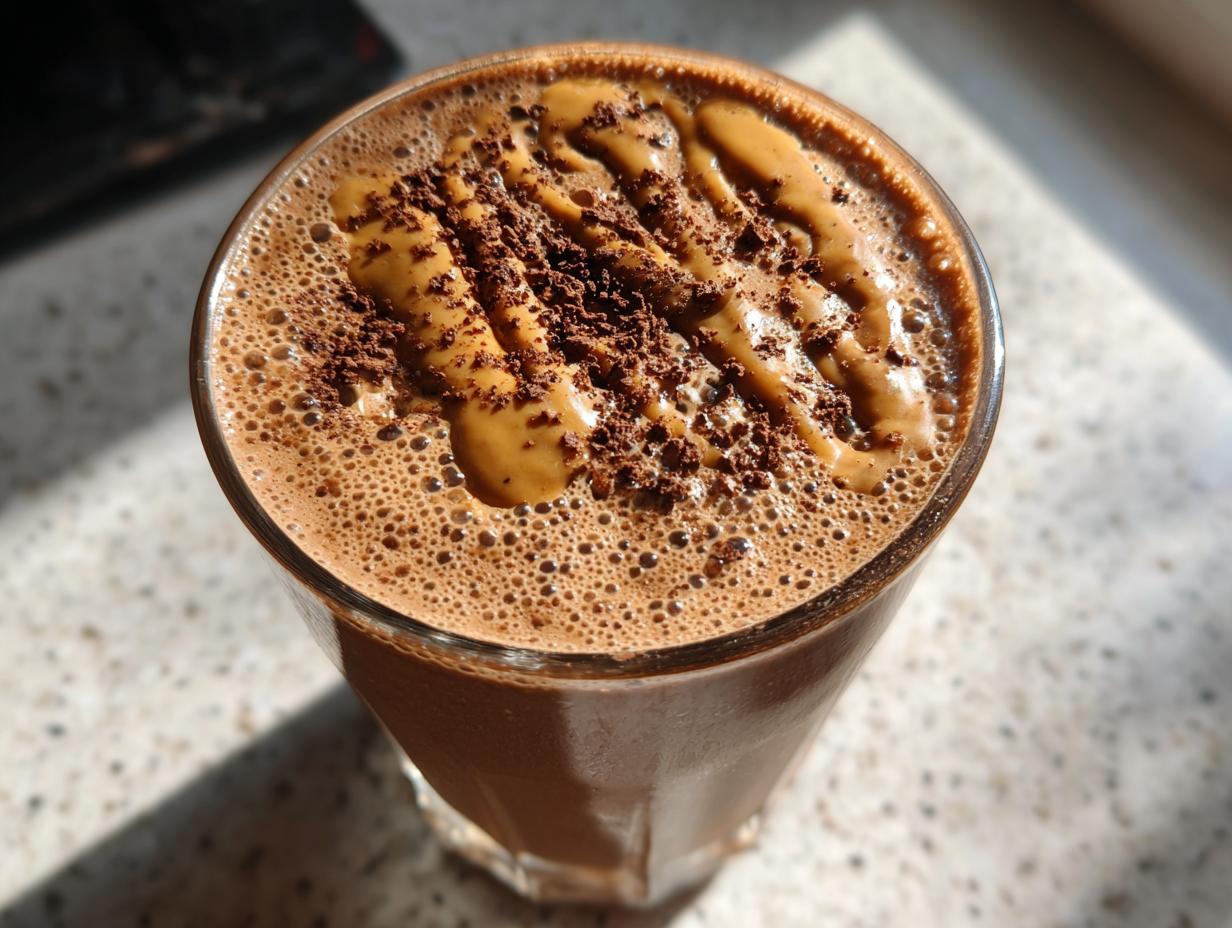 Close-up of peanut butter chocolate breakfast smoothie topped with peanut butter drizzle and chocolate shavings