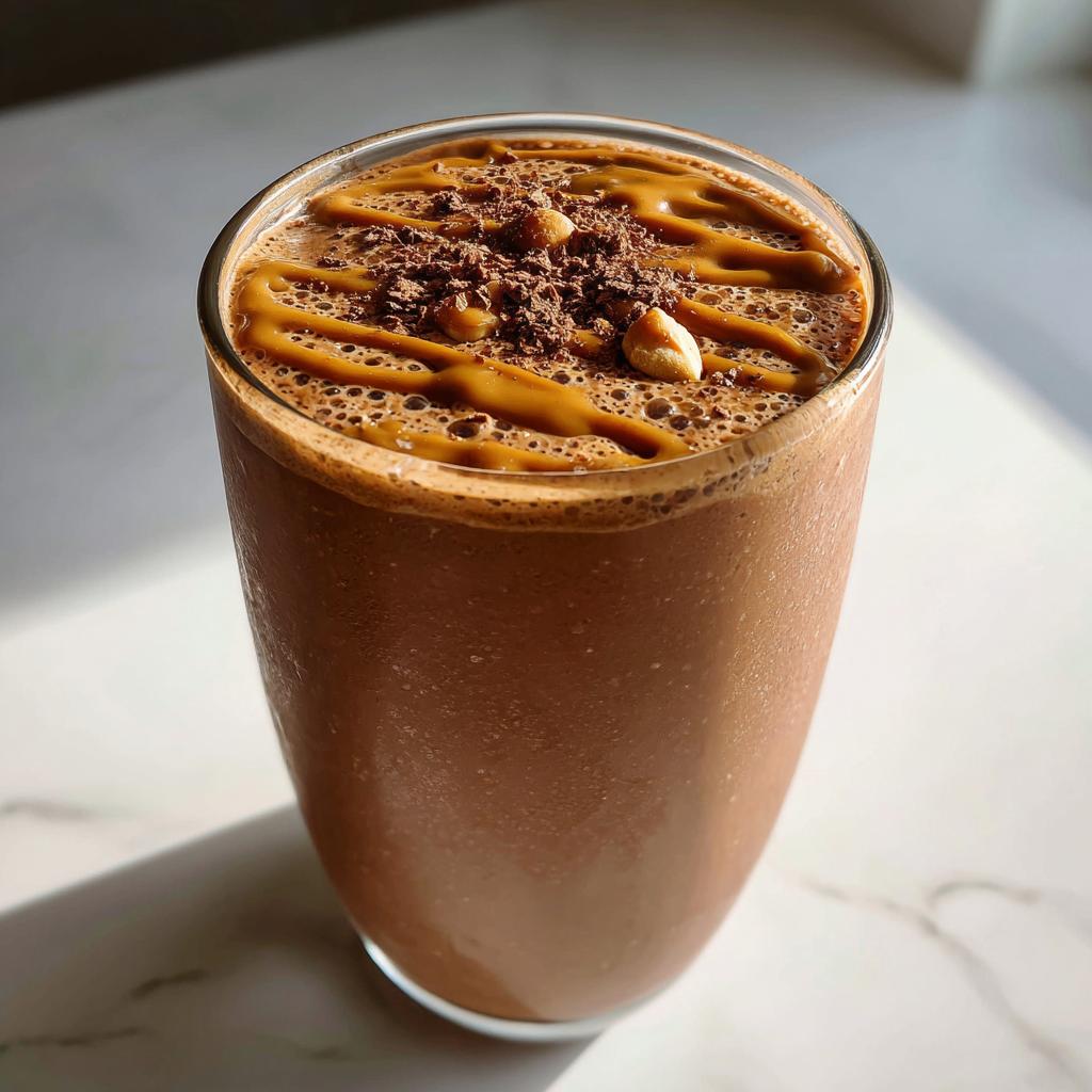 Glass of peanut butter chocolate breakfast smoothie topped with peanut butter drizzle and chocolate shavings