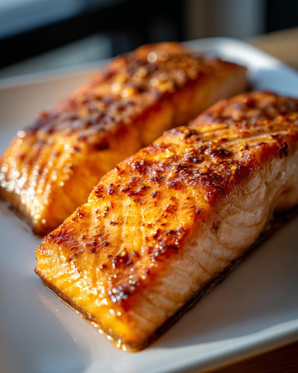 Two golden-brown air fryer salmon fillets on a white plate, seasoned and cooked to perfection.