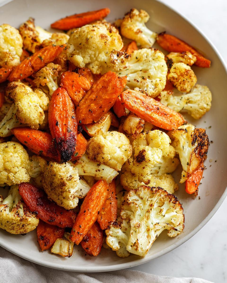 Close-up of perfectly roasted cauliflower and carrots with golden brown edges on a white plate